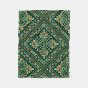  Damask Pattern - Emerald green and gold Fleece Deken