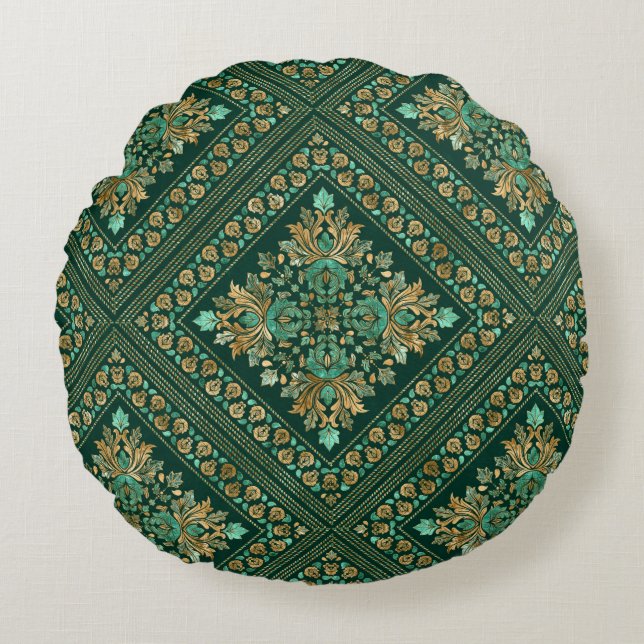  Damask Pattern - Emerald green and gold Rond Kussen (Voorkant)