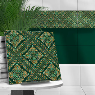 Damask Pattern - Emerald green and gold Tegeltje