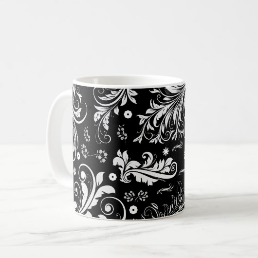 Damask Pattern, French Damask, Black and White Koffiemok (Voorkant links)