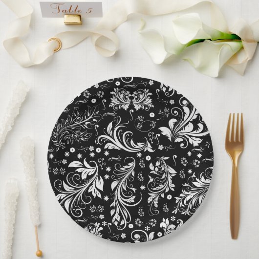 Damask Pattern, French Damask, Black and White Papieren Bordje (Huwelijk)