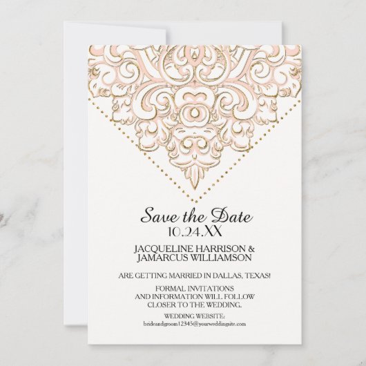 Damask Pattern Gold Dot Lace Save the Date Photo (Voorkant)