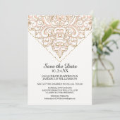 Damask Pattern Gold Dot Lace Save the Date Photo (Staand voorkant)