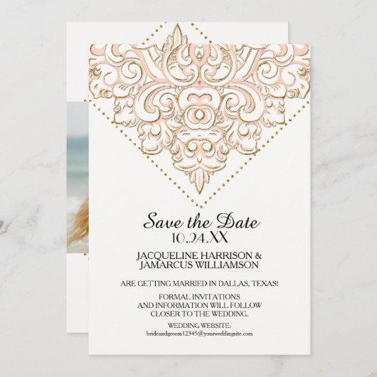 Damask Pattern Gold Dot Lace Save the Date Photo (Voorkant / Achterkant)