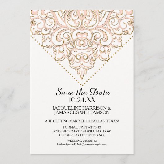 Damask Pattern Gold Dot Lace Save the Date Photo (Voorkant)
