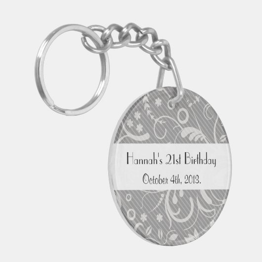 Damask Pattern, Grey Damask, Birthday Party Sleutelhanger (Voorkant Links)