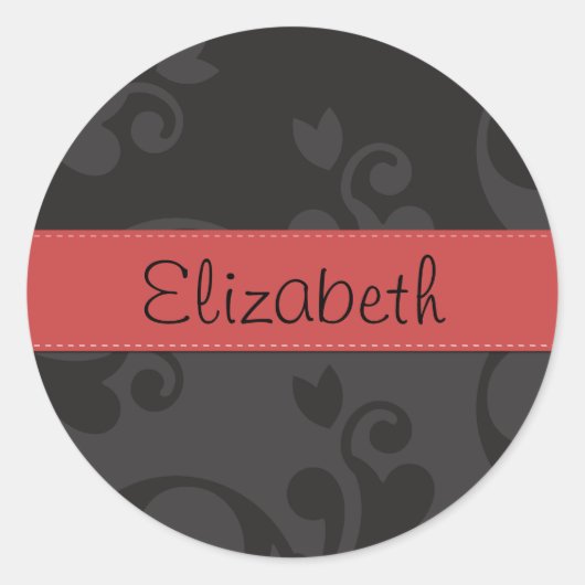 Damask Pattern, Grey Damask, Jouw naam Ronde Sticker (Voorkant)