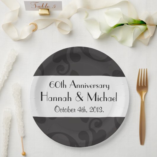 Damask Pattern, Grey Damask, Jubileum Papieren Bordje (Huwelijk)