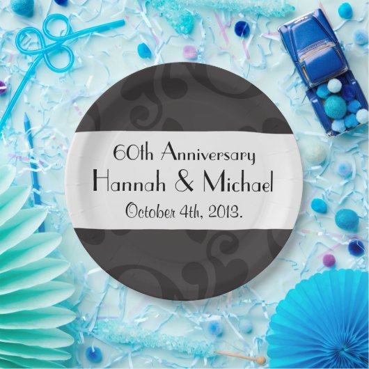 Damask Pattern, Grey Damask, Jubileum Papieren Bordje (Feest)