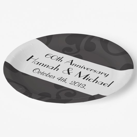 Damask Pattern, Grey Damask, Jubileum Papieren Bordje (Gekanteld)