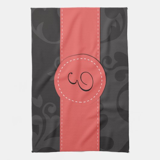 Damask Pattern, Grey Damask, Monogram Theedoek (Verticaal)