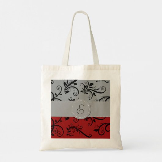 Damask Pattern, Grey Damask, Red Damask, Monogram Tote Bag (Achterkant)