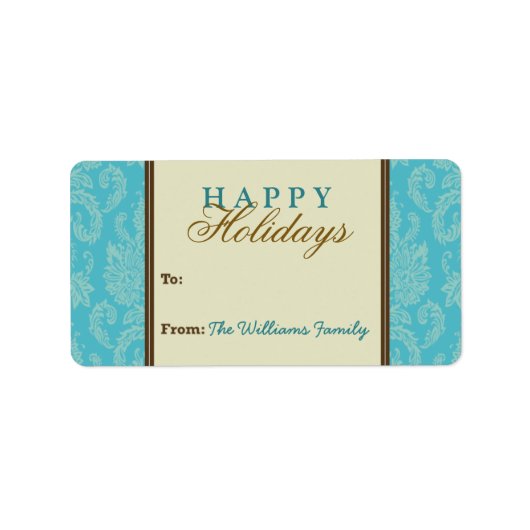Damask Pattern Holiday Gift Label (aqua/bruin) (Voorkant)