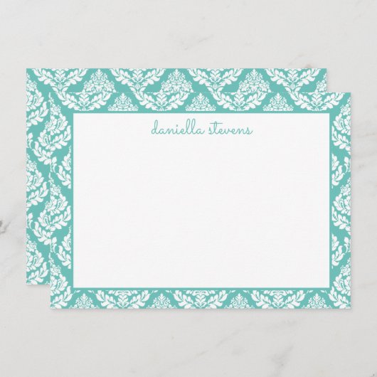 Damask Pattern Mint Greeen Personalized Flat Notitiekaartje (Voorkant / Achterkant)