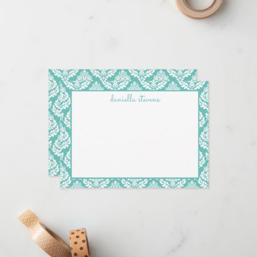 Damask Pattern Mint Greeen Personalized Flat Notitiekaartje (Voorkant / Achterkant in situ)