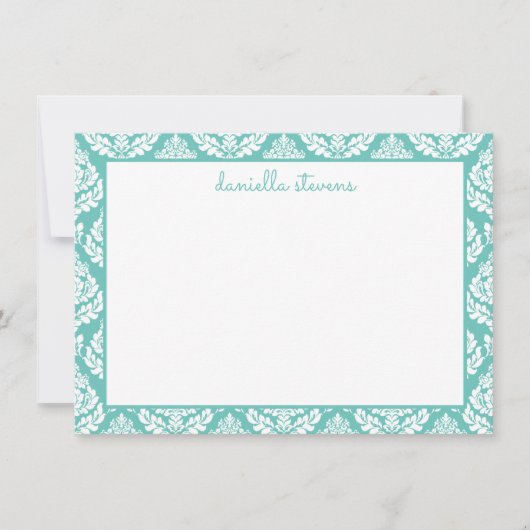 Damask Pattern Mint Greeen Personalized Flat Notitiekaartje (Voorkant)