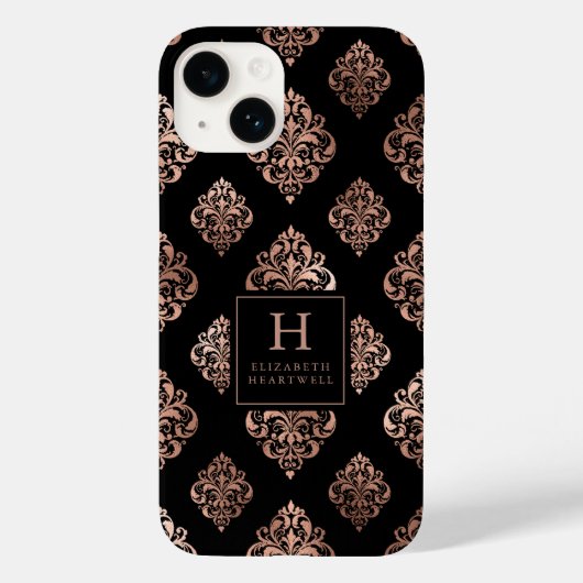 Damask Pattern Monogram Roos Gold Black Case-Mate iPhone Case (Achterkant)
