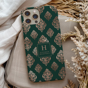 Damask Pattern Monogram Roos Gold Emerald Green Case-Mate iPhone 14 Hoesje