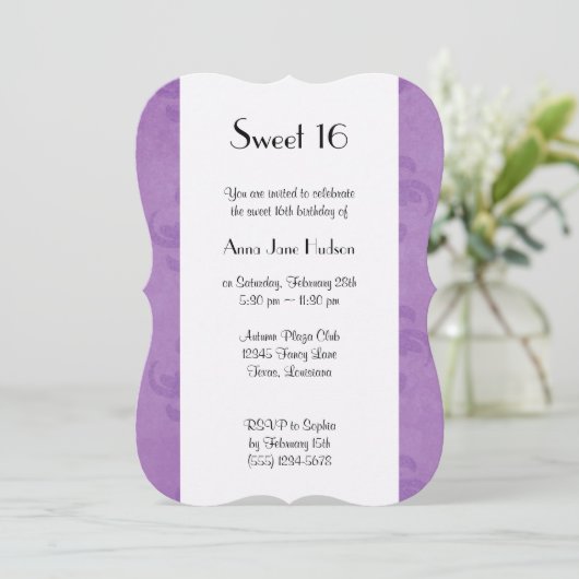 Damask Pattern, Paarse Damask, Sweet 16 Kaart (Staand voorkant)