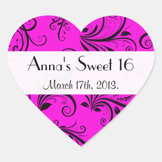 Damask Pattern, Pink Damask, Sweet 16, Birthday Hart Sticker (Voorkant)