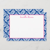 Damask Pattern roze en Blue Personalized Flat Notitiekaartje (Voorkant / Achterkant)