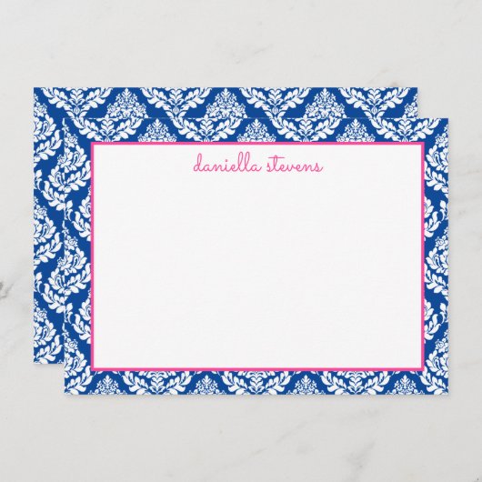 Damask Pattern roze en Blue Personalized Flat Notitiekaartje (Voorkant / Achterkant)