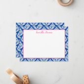 Damask Pattern roze en Blue Personalized Flat Notitiekaartje (Voorkant / Achterkant in situ)
