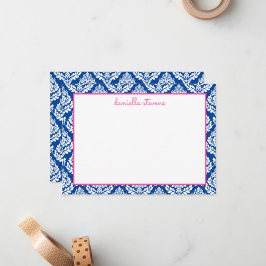 Damask Pattern roze en Blue Personalized Flat Notitiekaartje (Voorkant / Achterkant in situ)
