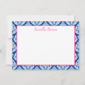Damask Pattern roze en Blue Personalized Flat Notitiekaartje (Voorkant)