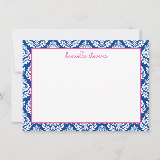 Damask Pattern roze en Blue Personalized Flat Notitiekaartje (Voorkant)