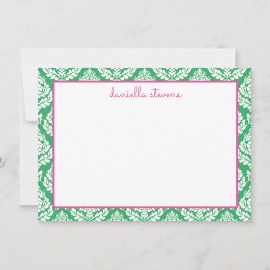 Damask Pattern Roze en Groene Gepersonaliseerde Va Notitiekaartje (Voorkant)