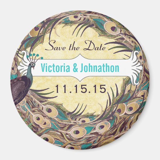 Damask Pauw Eiplant Aqua Save the Date Magneten (Voorkant)