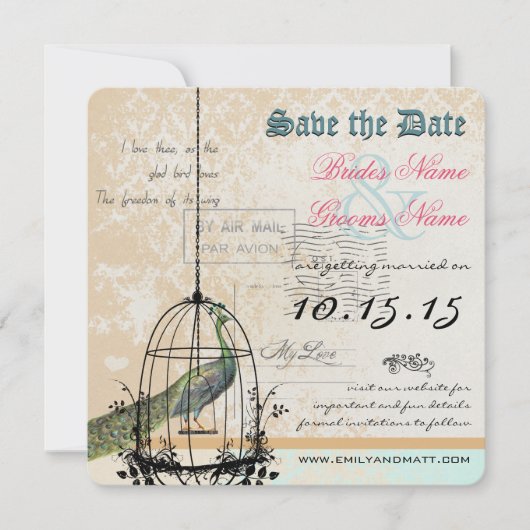 Damask Peacock Bird Cage Wedding Save the Date (Voorkant)