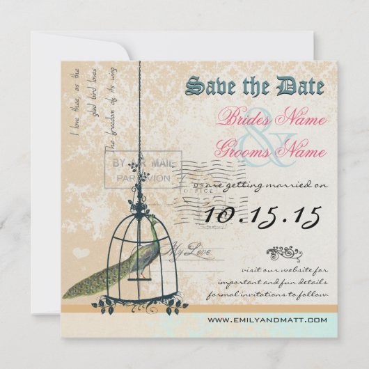 Damask Peacock Bird Cage Wedding Save the Date (Voorkant)