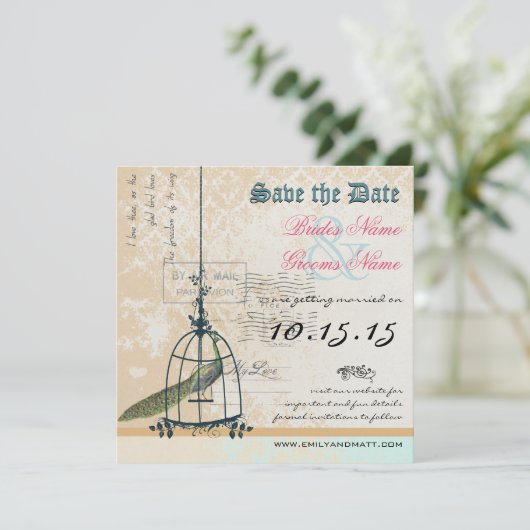 Damask Peacock Bird Cage Wedding Save the Date (Staand voorkant)