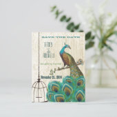 Damask Peacock Birdcage Sla de datum op Aankondigingskaart (Staand voorkant)