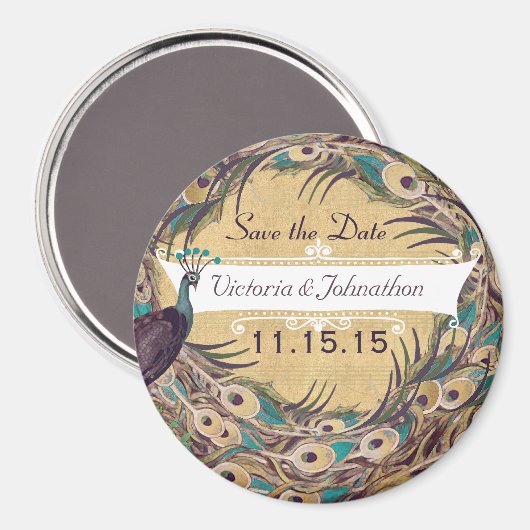 Damask Peacock Eggplant Aqua Save the Date Magnets Magneet (Voorkant / Achterkant)