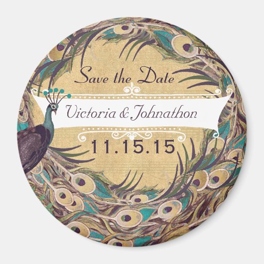 Damask Peacock Eggplant Aqua Save the Date Magnets Magneet (Voorkant)