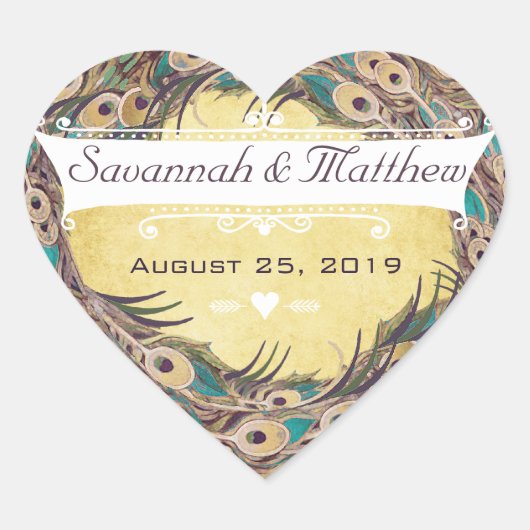 Damask Peacock Elegance Eggplant Gold en Aqua Hart Sticker (Voorkant)