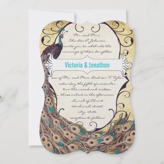 Damask Peacock Elegance Eggplant Gold en Aqua Kaart (Voorkant)