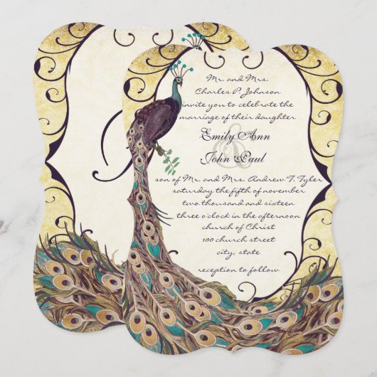 Damask Peacock Elegance Eggplant Gold en Aqua Kaart (Voorkant / Achterkant)