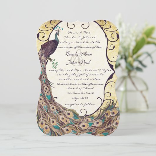 Damask Peacock Elegance Eggplant Gold en Aqua Kaart (Staand voorkant)