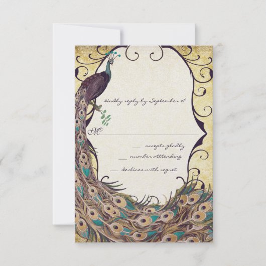 Damask Peacock Elegance Eggplant Gold en Aqua RSVP Kaartje (Voorkant)
