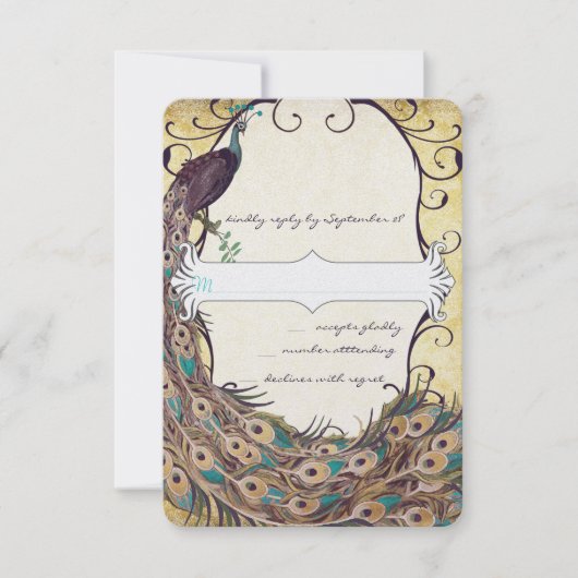 Damask Peacock Elegance Eggplant Gold en Aqua RSVP Kaartje (Voorkant)