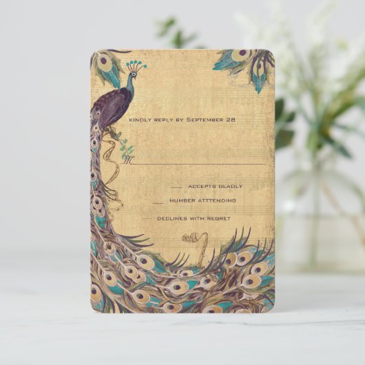 Damask Peacock Elegance Eggplant Gold en Aqua RSVP Kaartje (Staand voorkant)