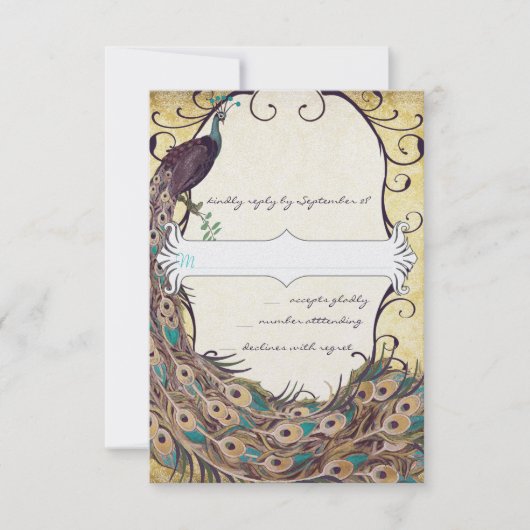 Damask Peacock Elegance Eggplant Gold en Aqua RSVP Kaartje (Voorkant)