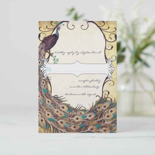 Damask Peacock Elegance Eggplant Gold en Aqua RSVP Kaartje (Staand voorkant)