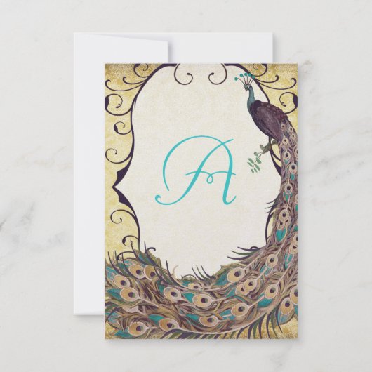 Damask Peacock Elegance Eggplant Gold en Aqua RSVP Kaartje (Achterkant)