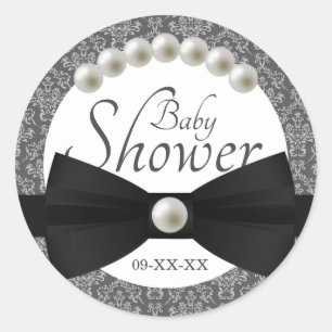 Damask Pearls en Bow Stropdas Baby shower Favor Ronde Sticker