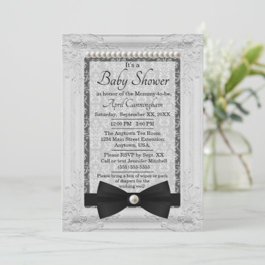 Damask Pearls en Bow Stropdas Baby shower Kaart (Staand voorkant)